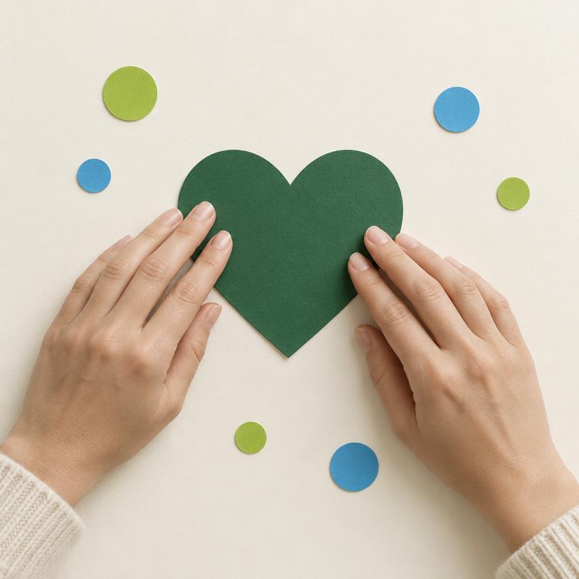 Hands placing a deep-green paper heart